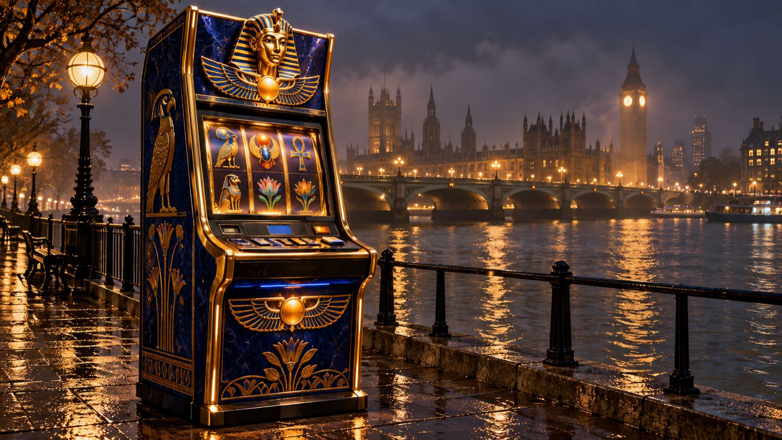 Egyptian-inspired game cabinet beside the Thames