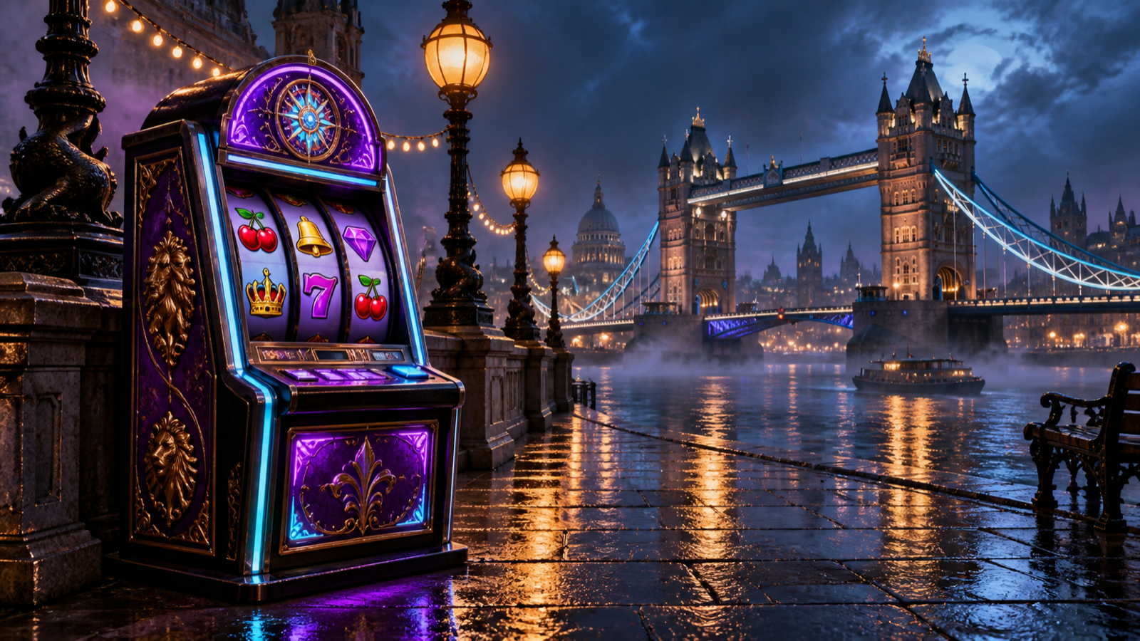 Colourful game cabinet near a lantern-lit bridge