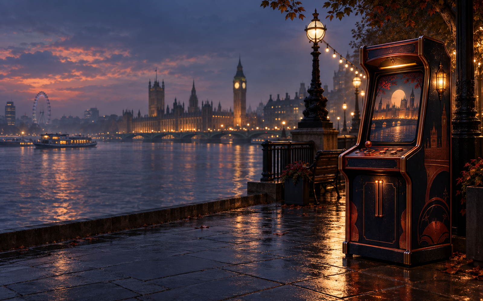 An indigo game cabinet beside the Thames at twilight